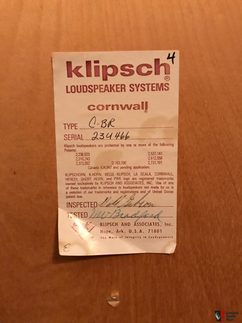 Klipsch Cornwall Loudspeakers Consecutive Serial Numbers Photo
