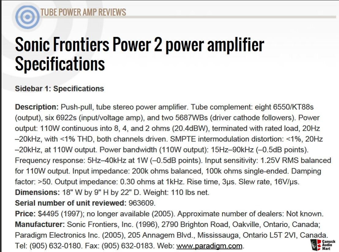 Sonic Frontiers Power 2 power amplifier